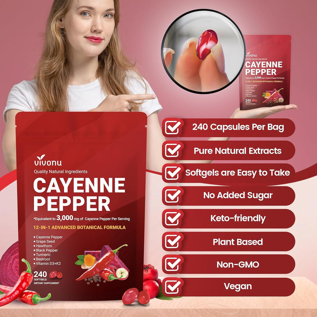 Cayenne Pepper Softgels Supplement, Supports Leg Vein, Heart and Blood Vessel Health, with Vitamin E D3+K2 and Beetrootand Others(3PACKS)