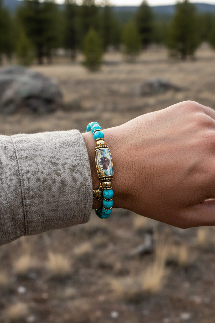 Turquoise-blue beaded bison bracelet with gold-tone accents and buffalo charm worn on a wrist