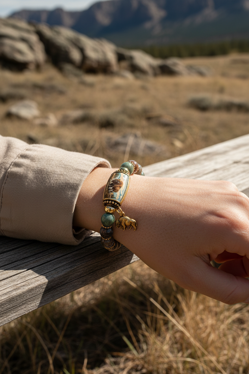 Earth-tone marbled beaded bison bracelet with gold-tone accents and buffalo charm worn on a wrist