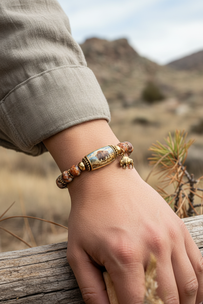 Warm brown and orange marbled beaded bison bracelet with gold-tone accents and buffalo charm worn on a wrist