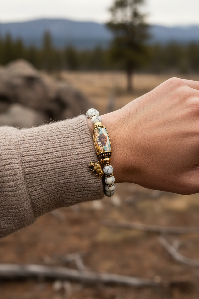 Light gray and cream marbled beaded bison bracelet with gold-tone accents and buffalo charm worn on a wrist